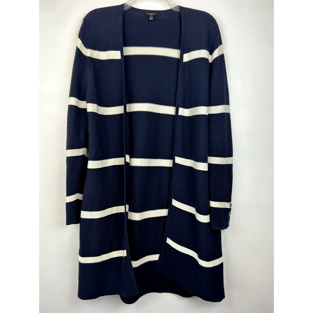 Talbots Sweater Womens L P Open Cardigan Petite Knit Blue Stripe Preppy Nautical